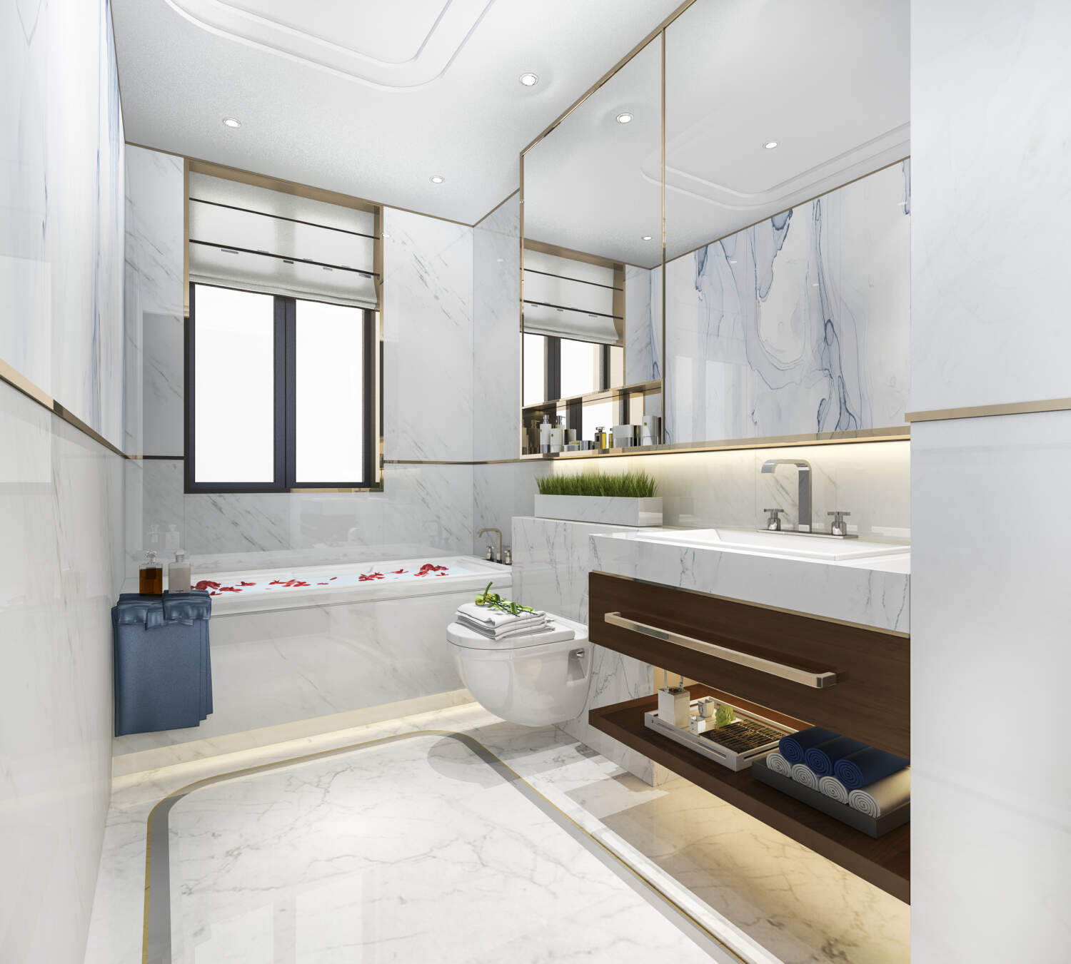 Photo d'une salle de bain en marbre blanc